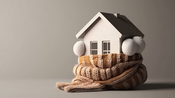 Small white house wrapped in a warm knitted scarf.