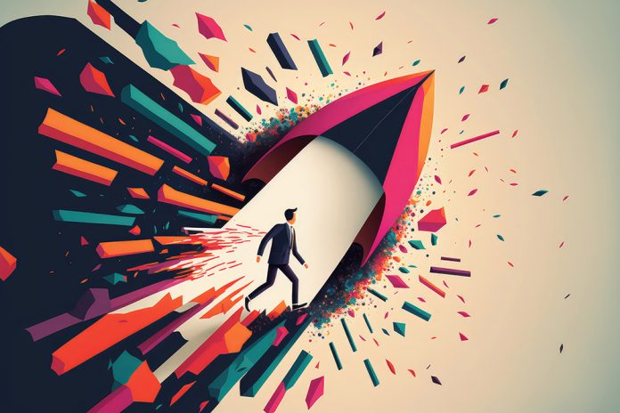 Eye-catching illustration of business leader rocket breaking bar